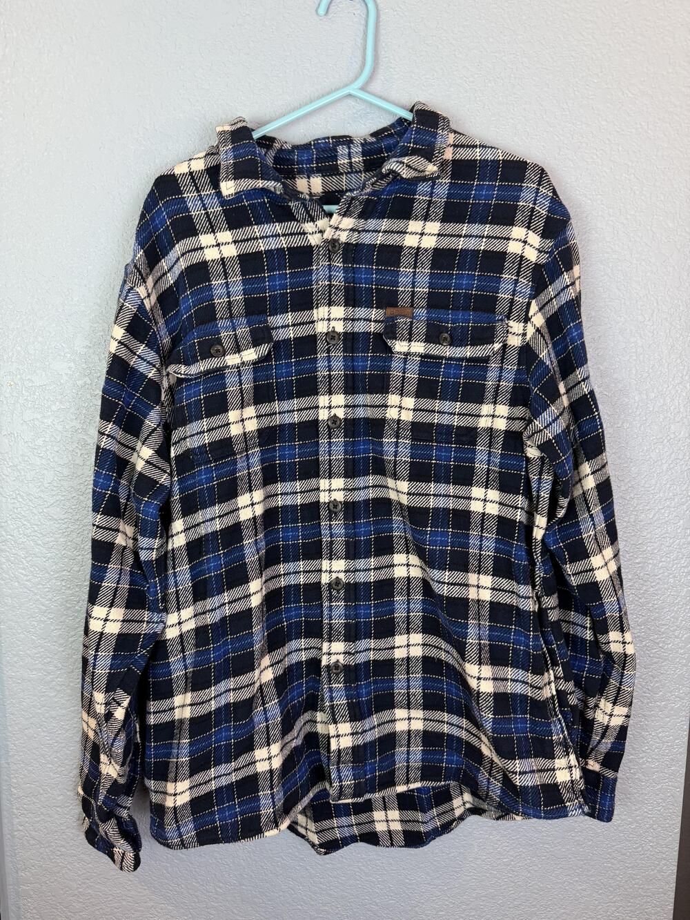 Orvis Shirt Mens Medium Blue Black White Plaid Flannel Double Pocket Heavyweight